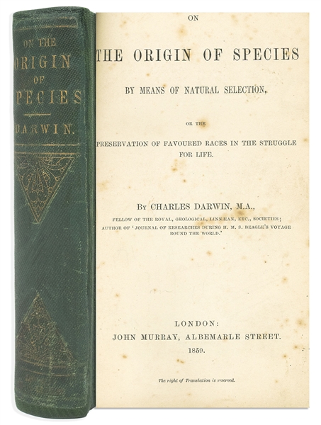 First Edition, First Printing of Charles Darwin's Masterpiece, ''On the Origin of Species'' -- ''The most important biological book ever written''